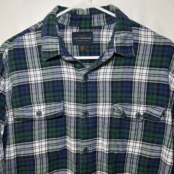 Lucky Brand Button Up Flannel Shirt Mens Size Large Green Blue Plaid Long Sleeve - Picture 2 of 12